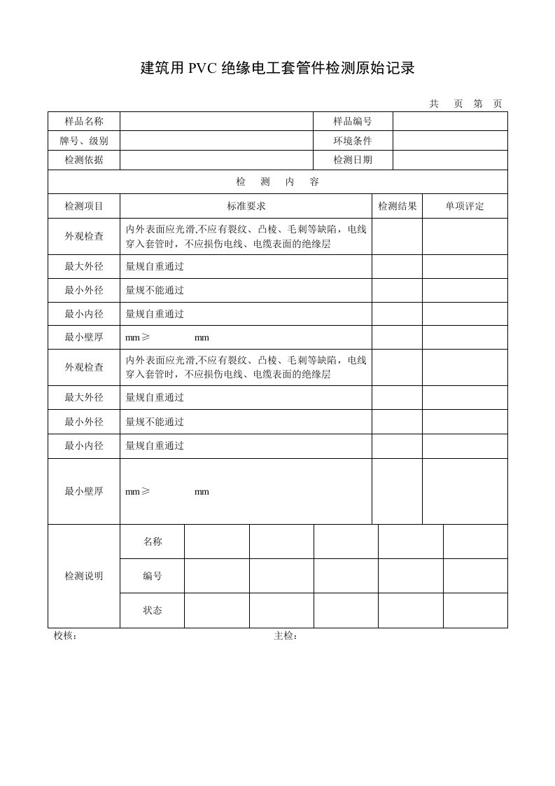 建筑用PVC绝缘电工套管件检测原始记录