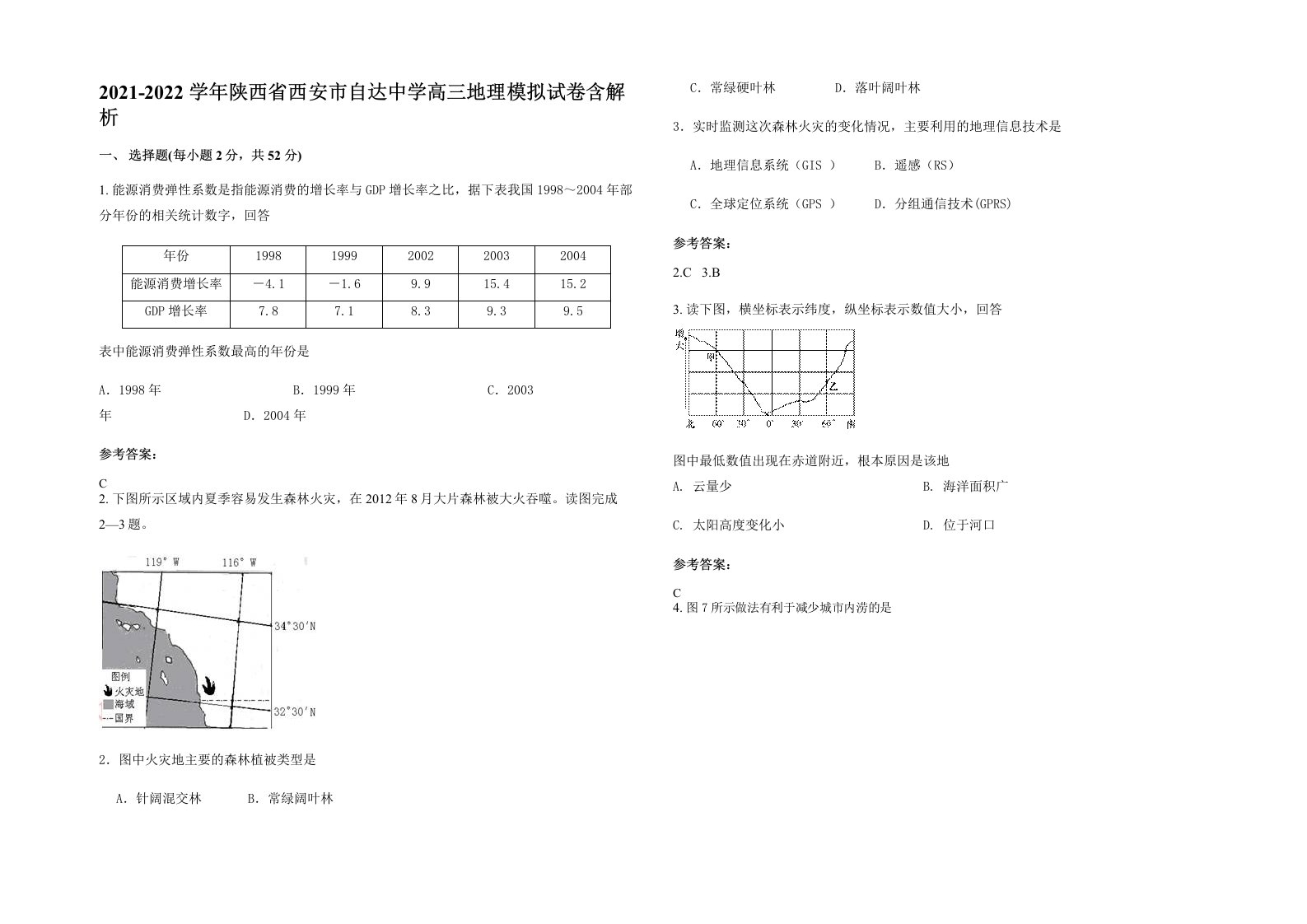 2021-2022学年陕西省西安市自达中学高三地理模拟试卷含解析