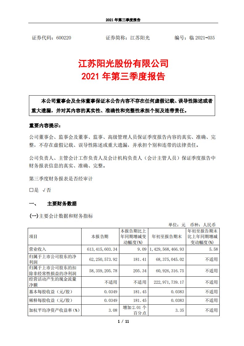 上交所-江苏阳光股份有限公司2021年三季度报告-20211029