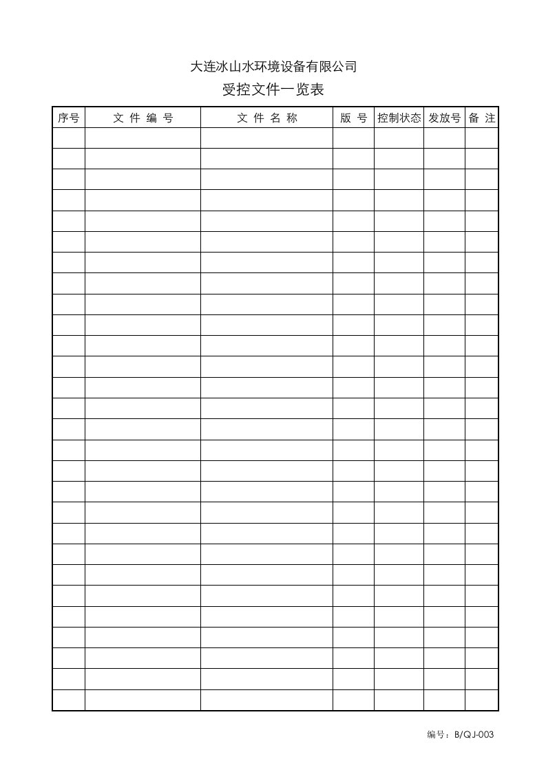 4.2.3文件控制程序QJ-003受控文件一览表-质量制度表格