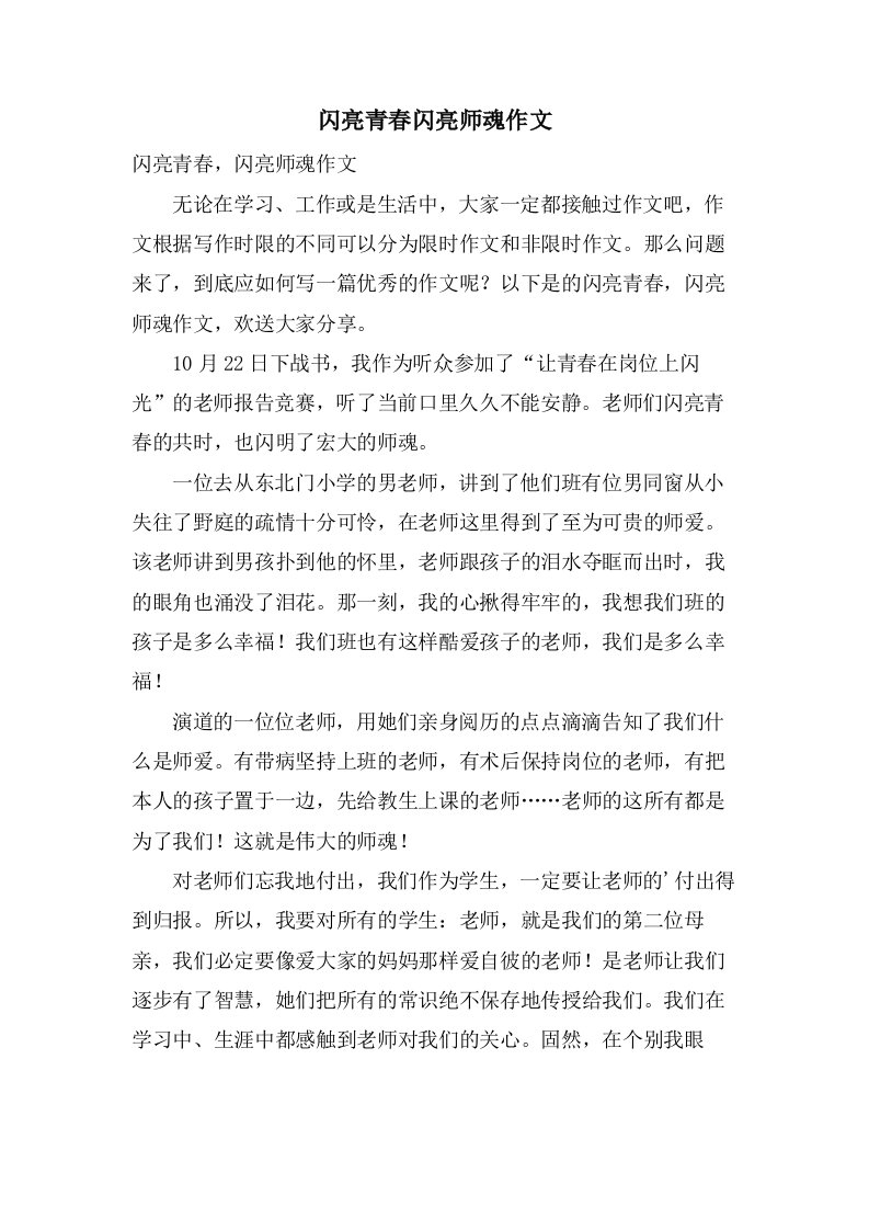 闪亮青春闪亮师魂作文