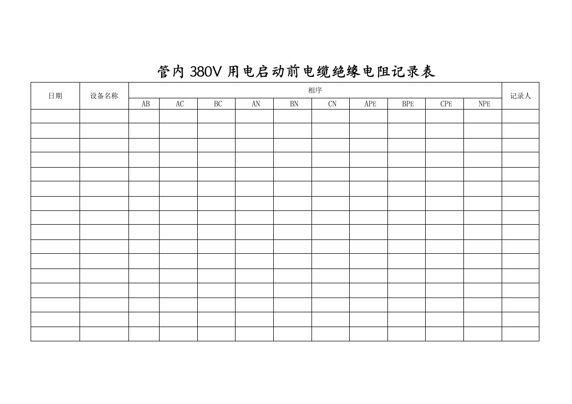 管内380V用电启动前电缆绝缘电阻记录表