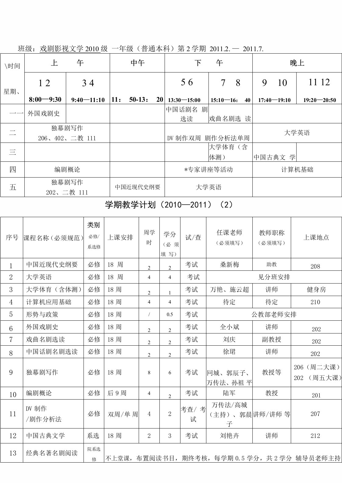 上海戏剧学院课程表