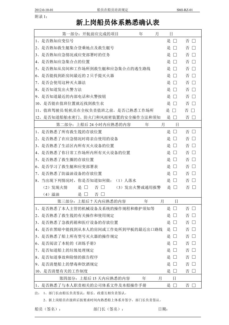 新上岗船员体系熟悉确认表