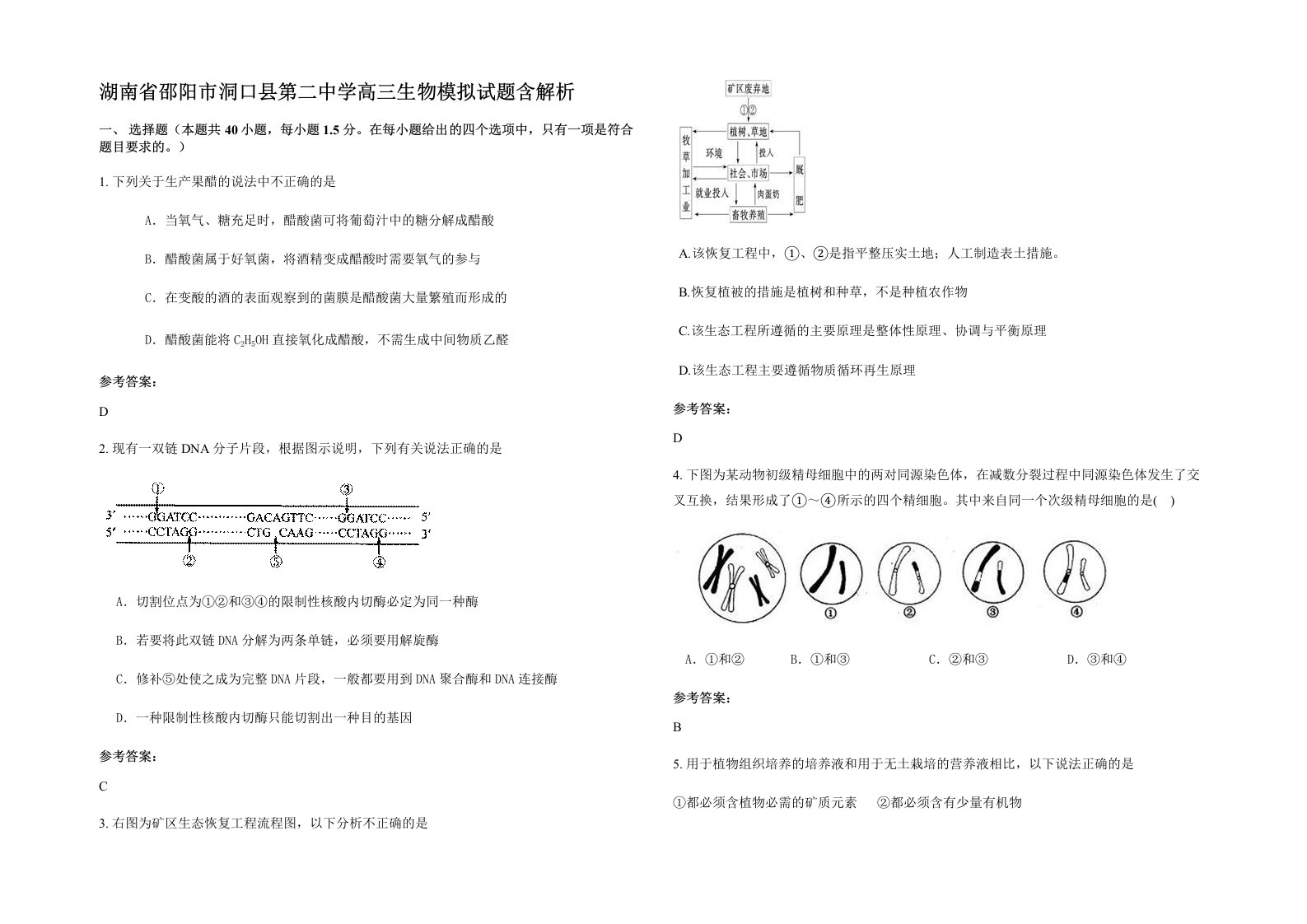 湖南省邵阳市洞口县第二中学高三生物模拟试题含解析