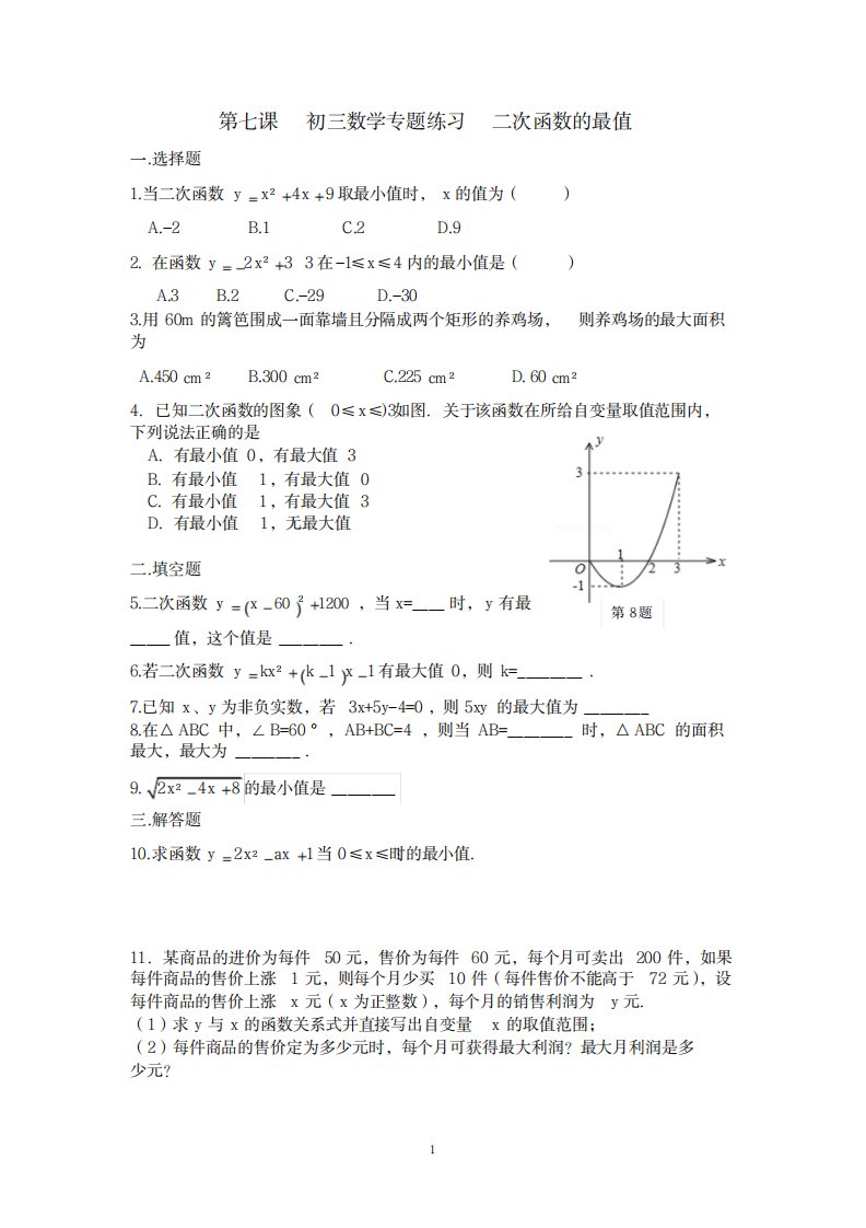 2023年精品初三数学专题练习二次函数的最值