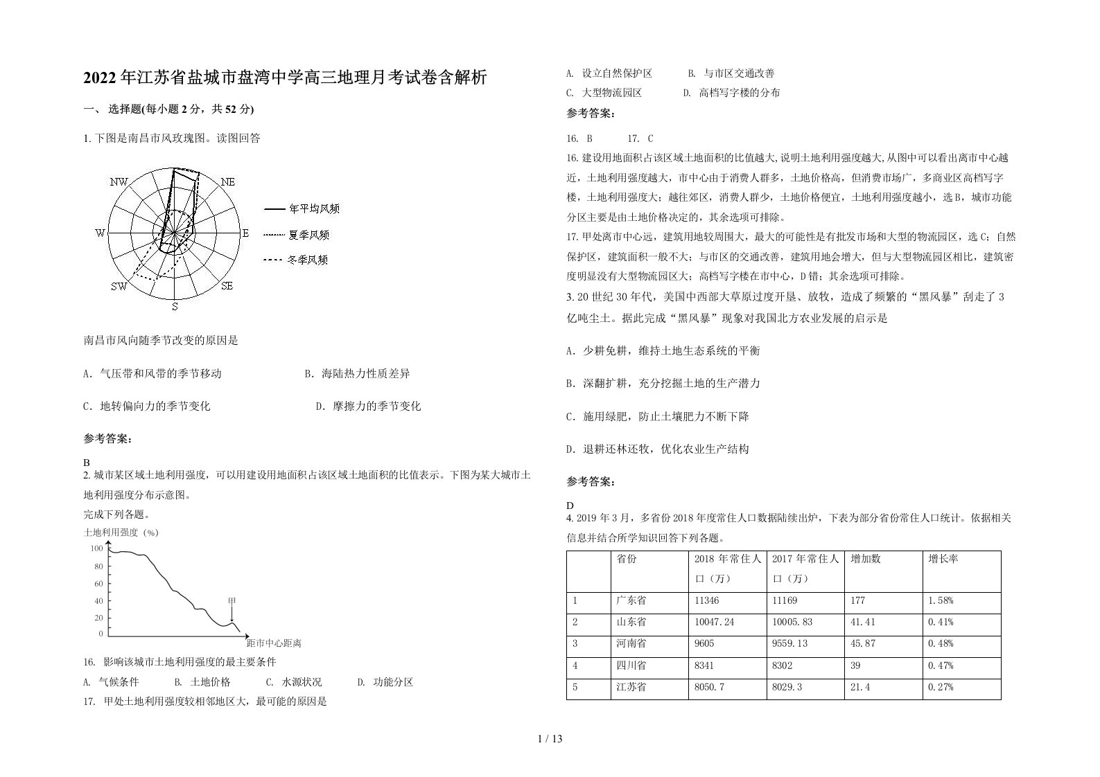 2022年江苏省盐城市盘湾中学高三地理月考试卷含解析