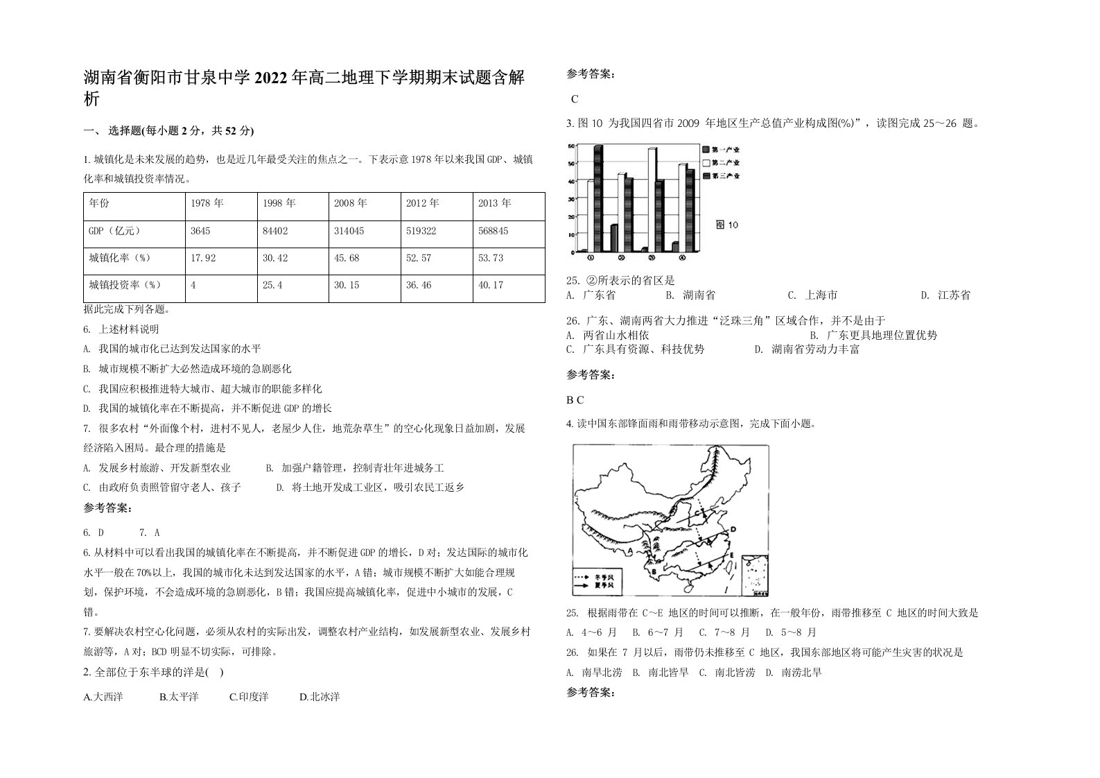 湖南省衡阳市甘泉中学2022年高二地理下学期期末试题含解析