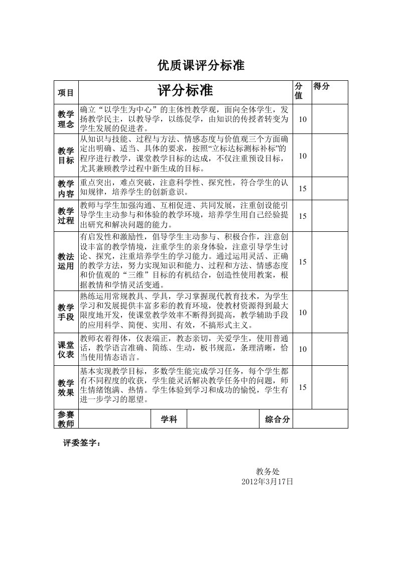 优质课评分标准