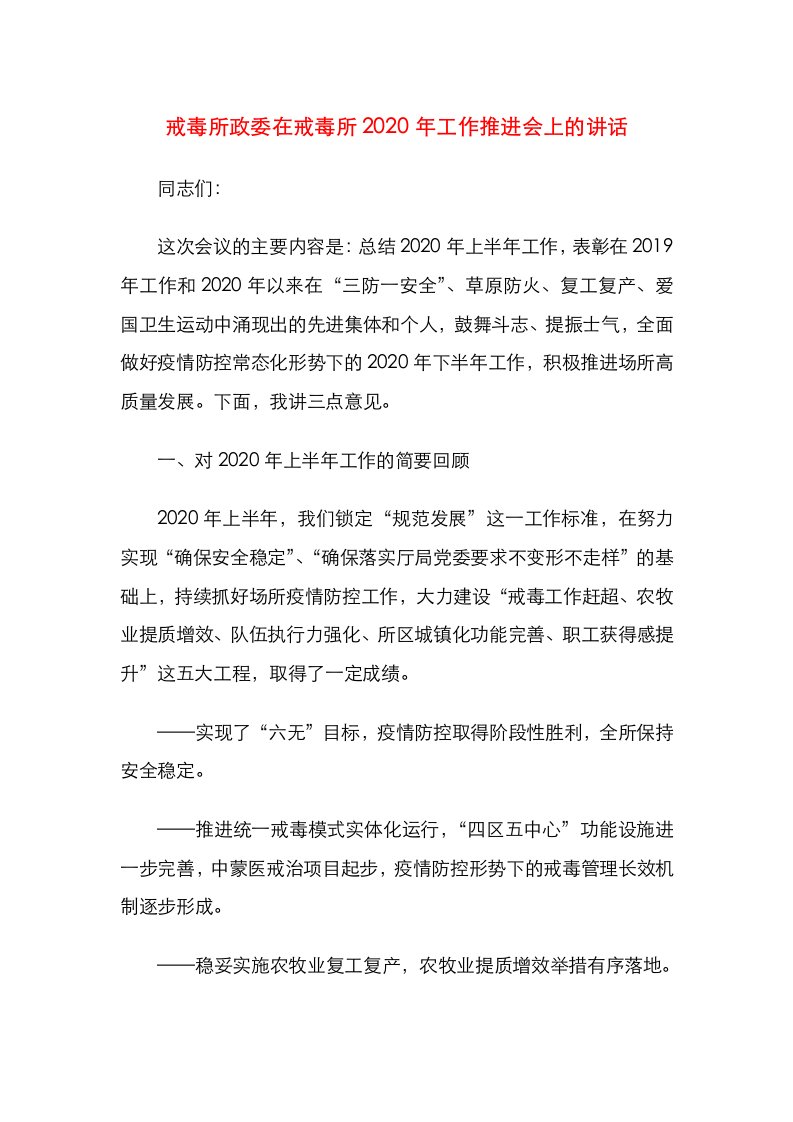 戒毒所政委在戒毒所2020年工作推进会上的讲话