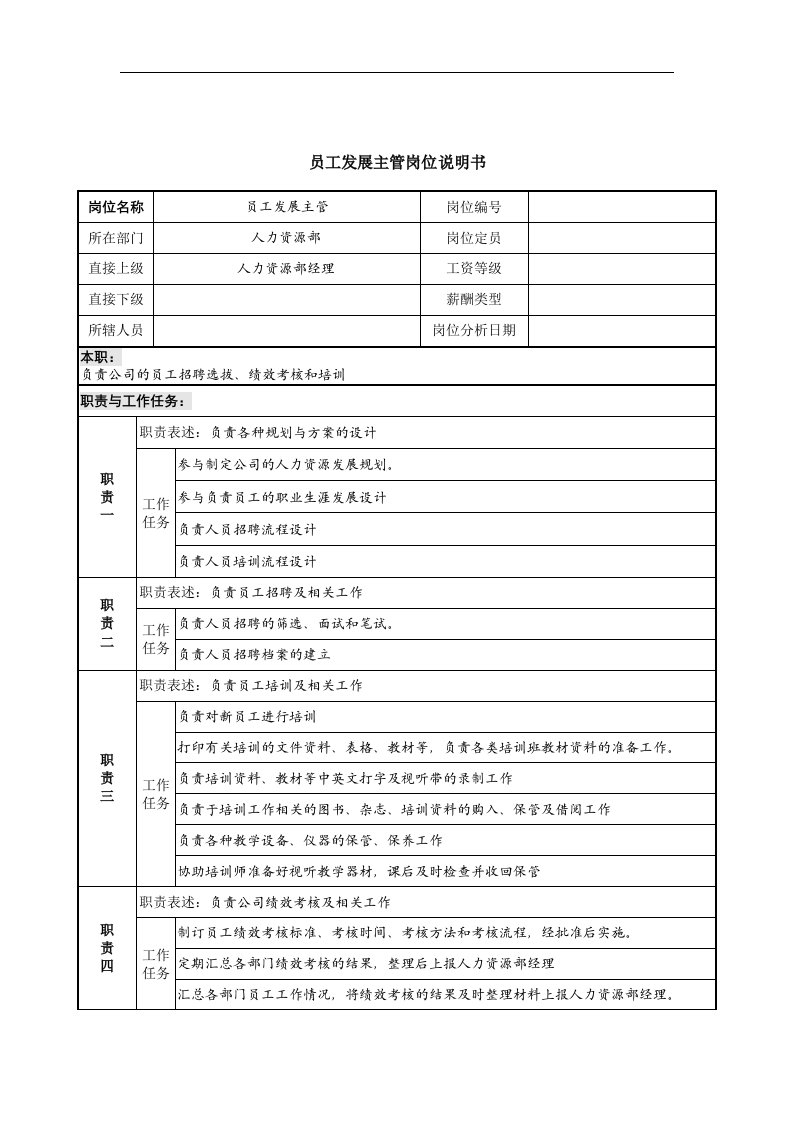 员工发展主管岗位说明书