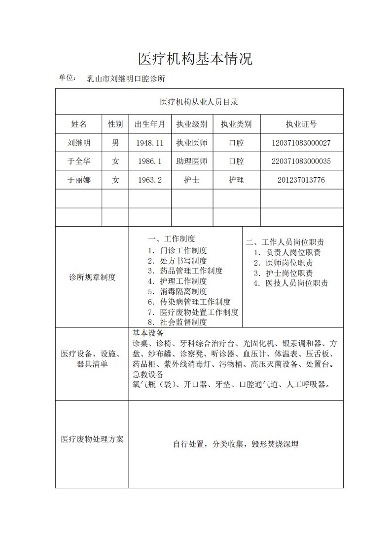 7、口腔诊所医疗机构基本情况