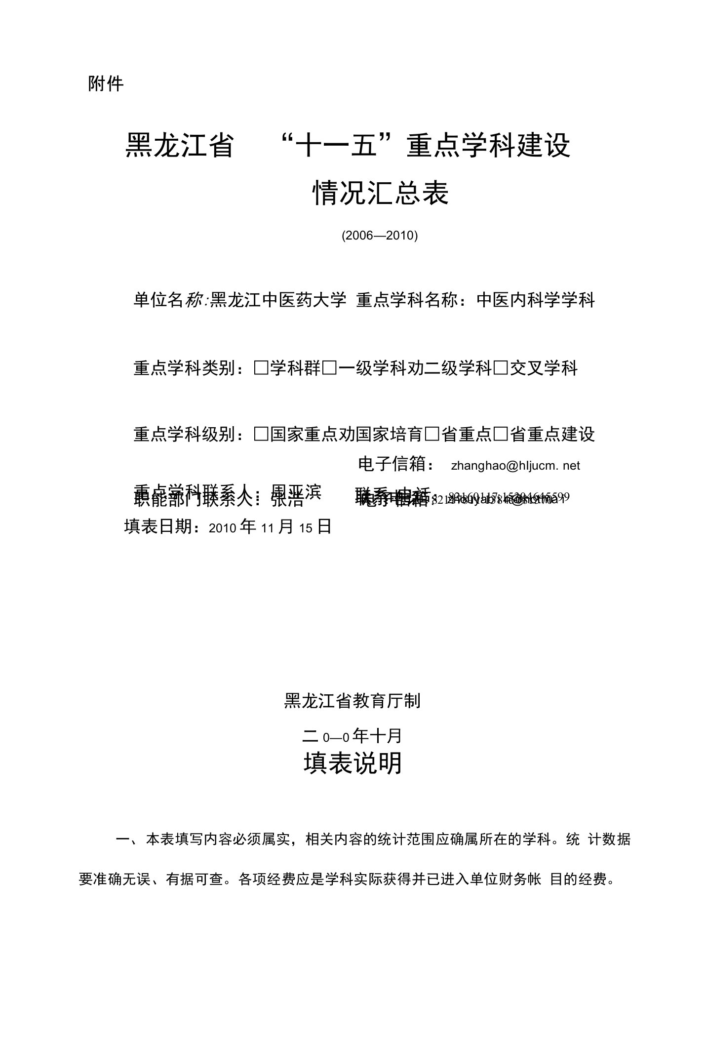 黑龙江中医药大学中医内科学学科十一五重点学科建设情况汇总表