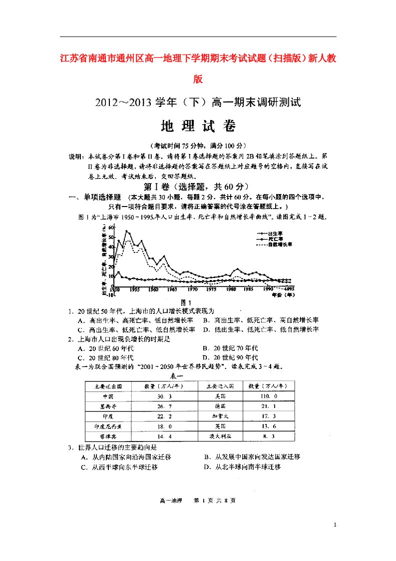 江苏省南通市通州区高一地理下学期期末考试试题（扫描版）新人教版