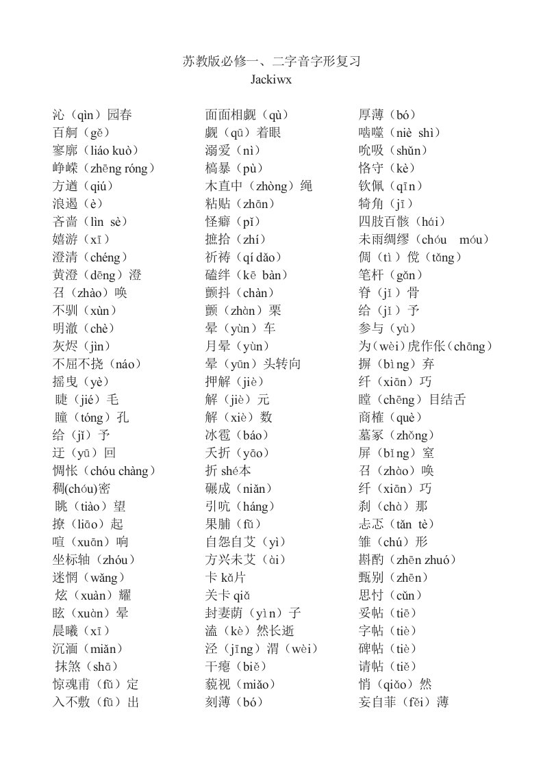 苏教版必修一二字音字形复习