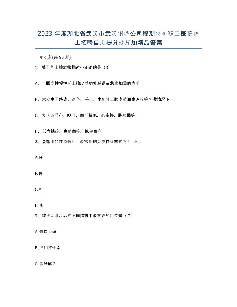 2023年度湖北省武汉市武汉钢铁公司程潮铁矿职工医院护士招聘自测提分题库加答案