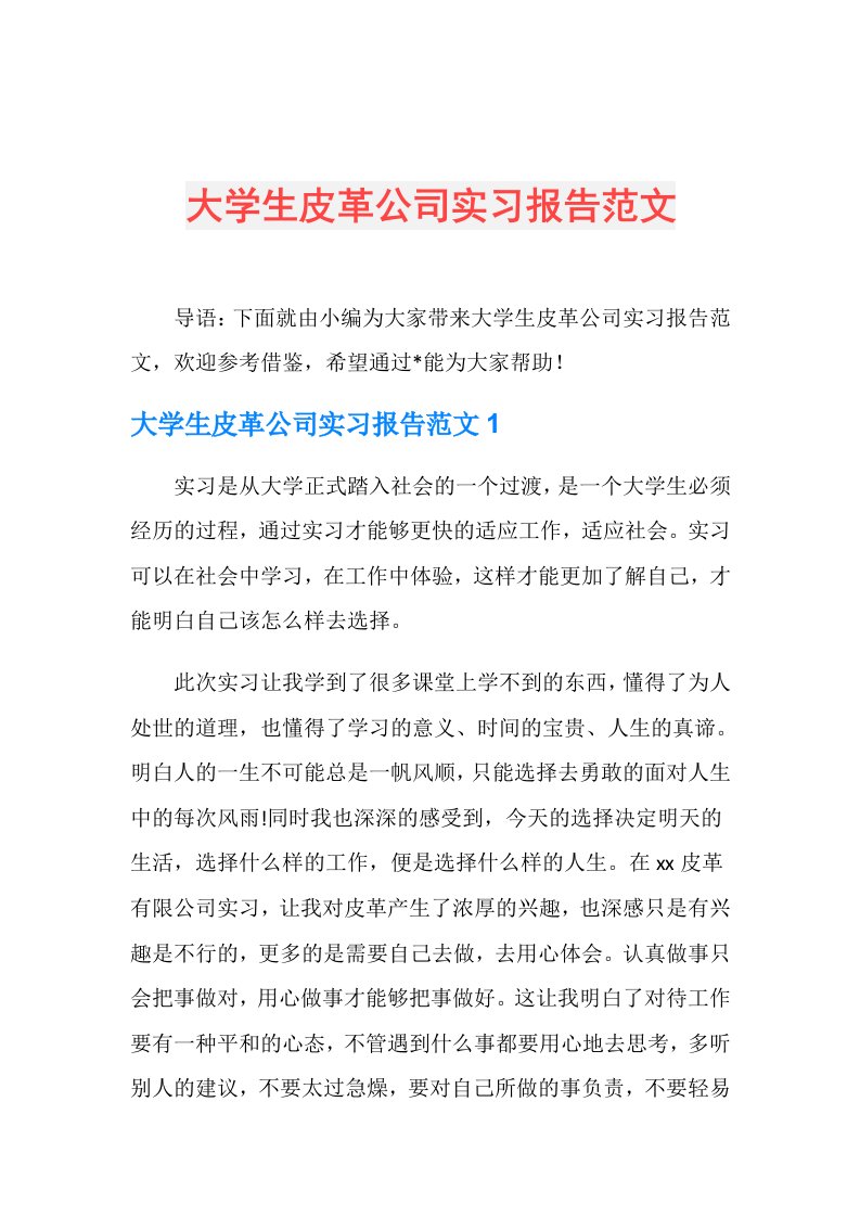 大学生皮革公司实习报告范文