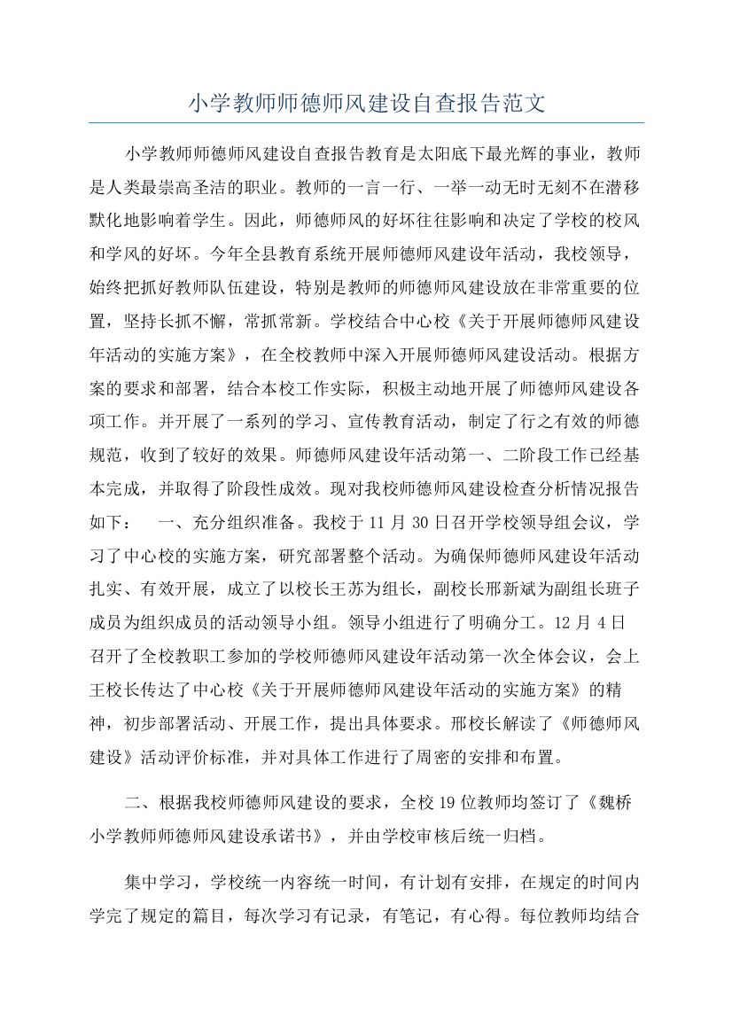 小学教师师德师风建设自查报告范文