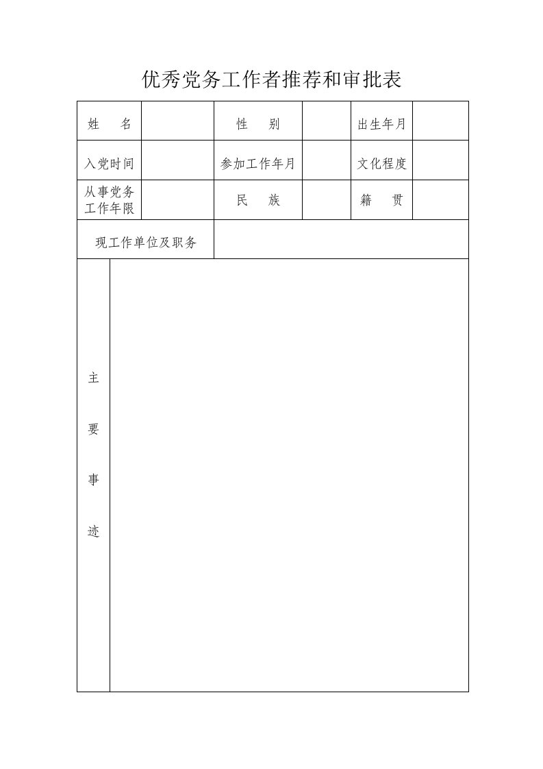 优秀党务工作者推荐和审批表