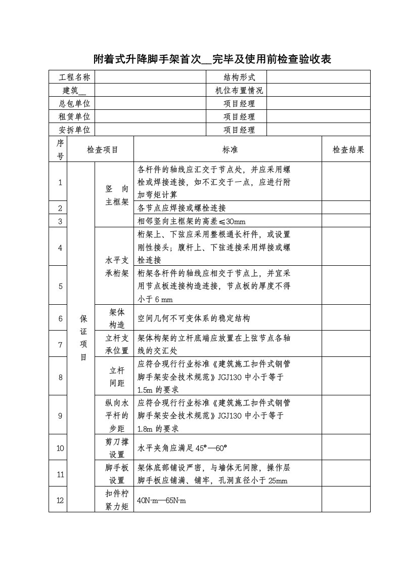 附着式升降脚手架首次安装完毕及使用前检查验收表