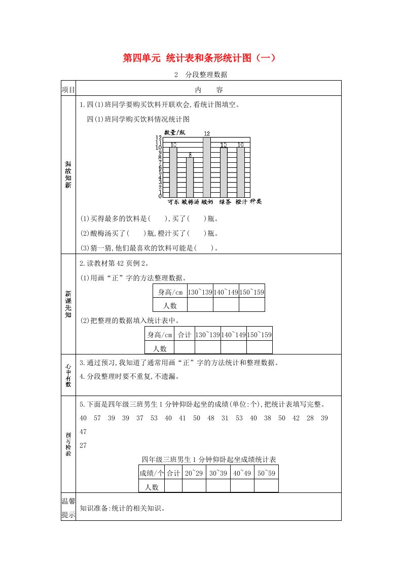 2020秋四年级数学上册第四单元统计表和条形统计图一2分段整理数据学案苏教版20210605150