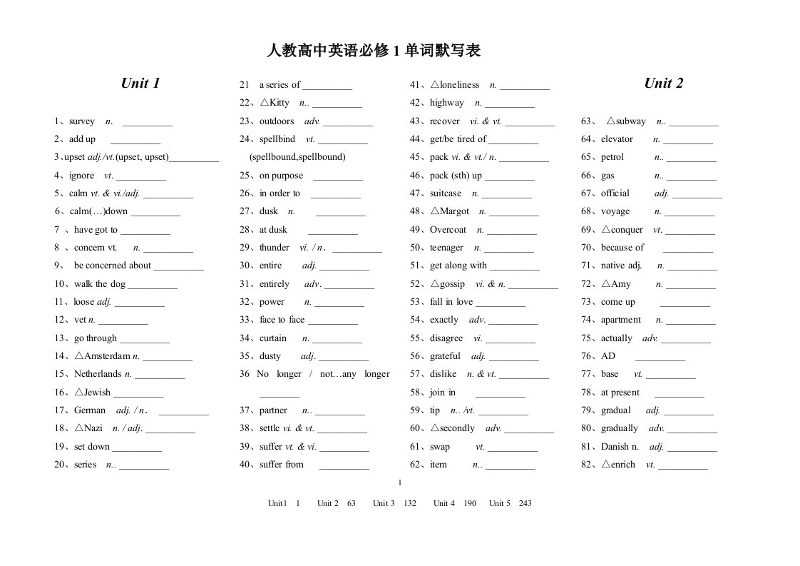 人教版高中英语必修1单词默写英汉互译打印版