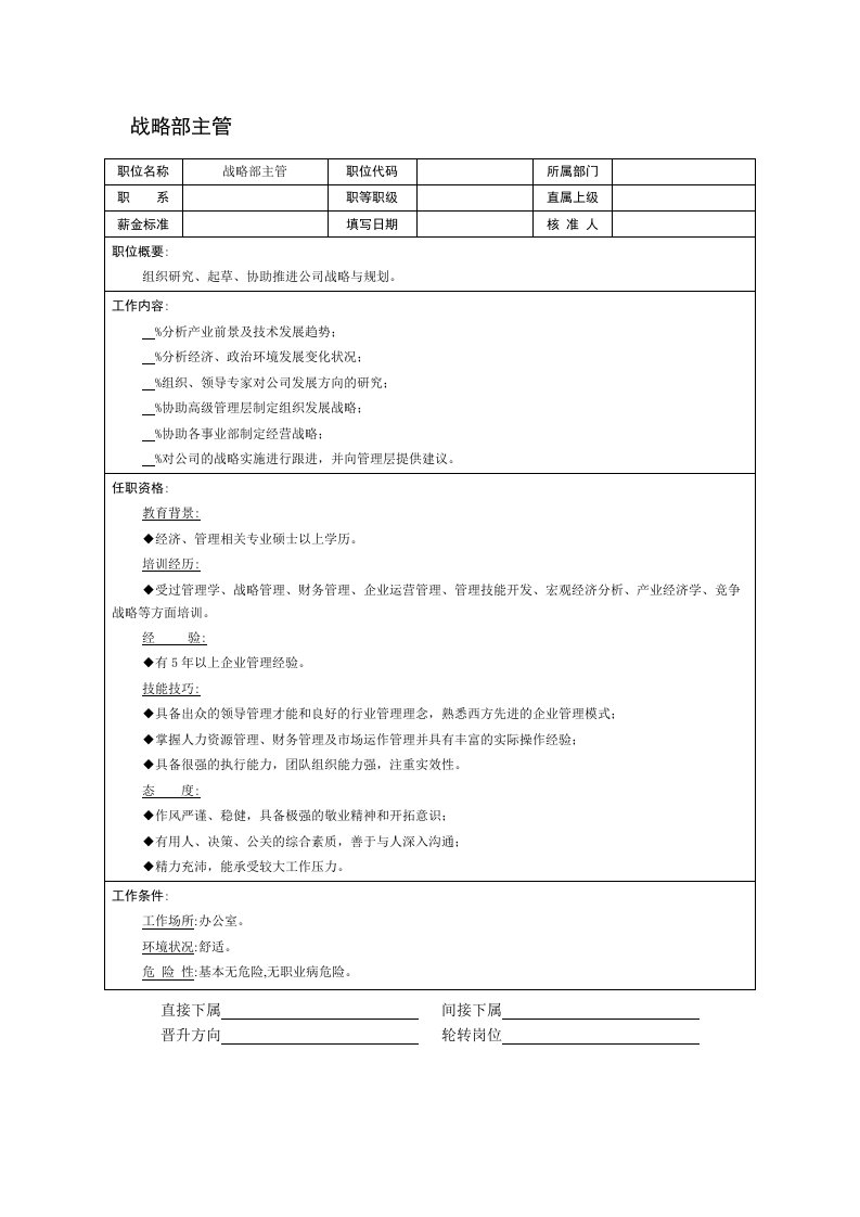 战略管理-战略部主管职位说明书