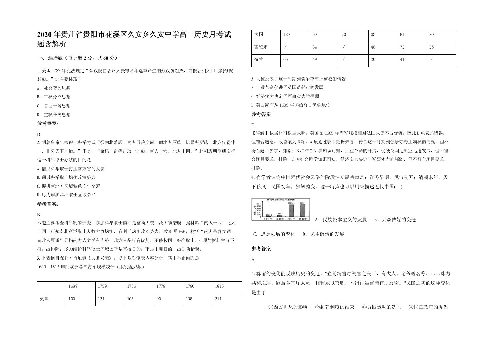 2020年贵州省贵阳市花溪区久安乡久安中学高一历史月考试题含解析