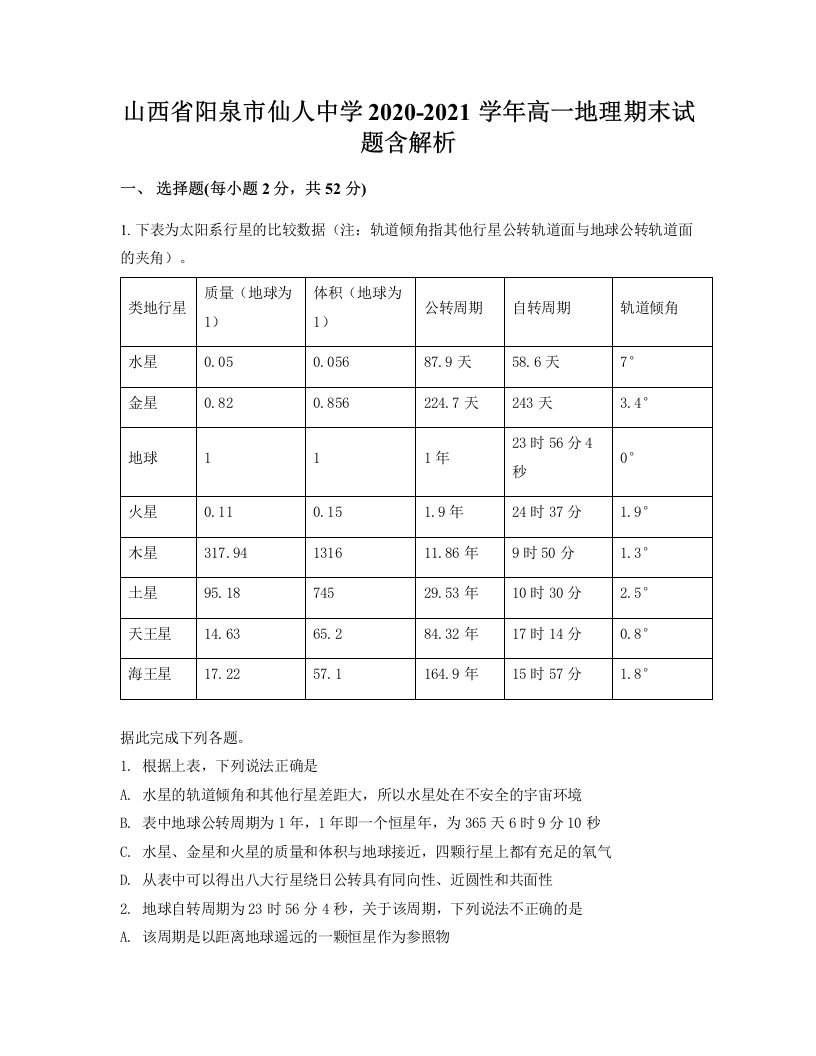 山西省阳泉市仙人中学2020-2021学年高一地理期末试题含解析