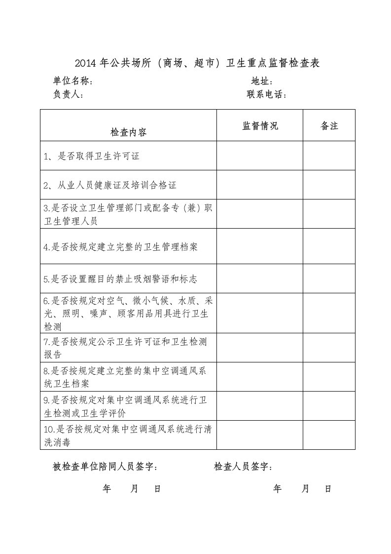 商场超市卫生监督检查表