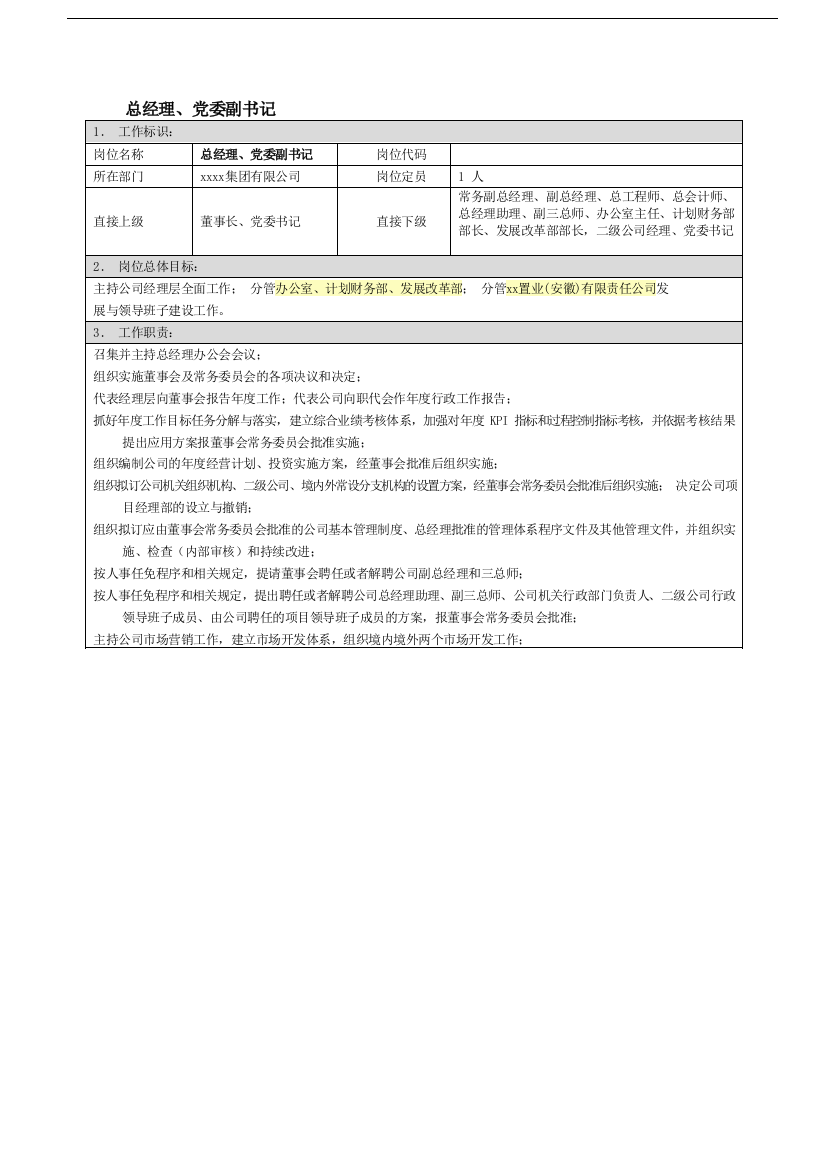 国有企业总经理、党委副书记岗位职责模版模版