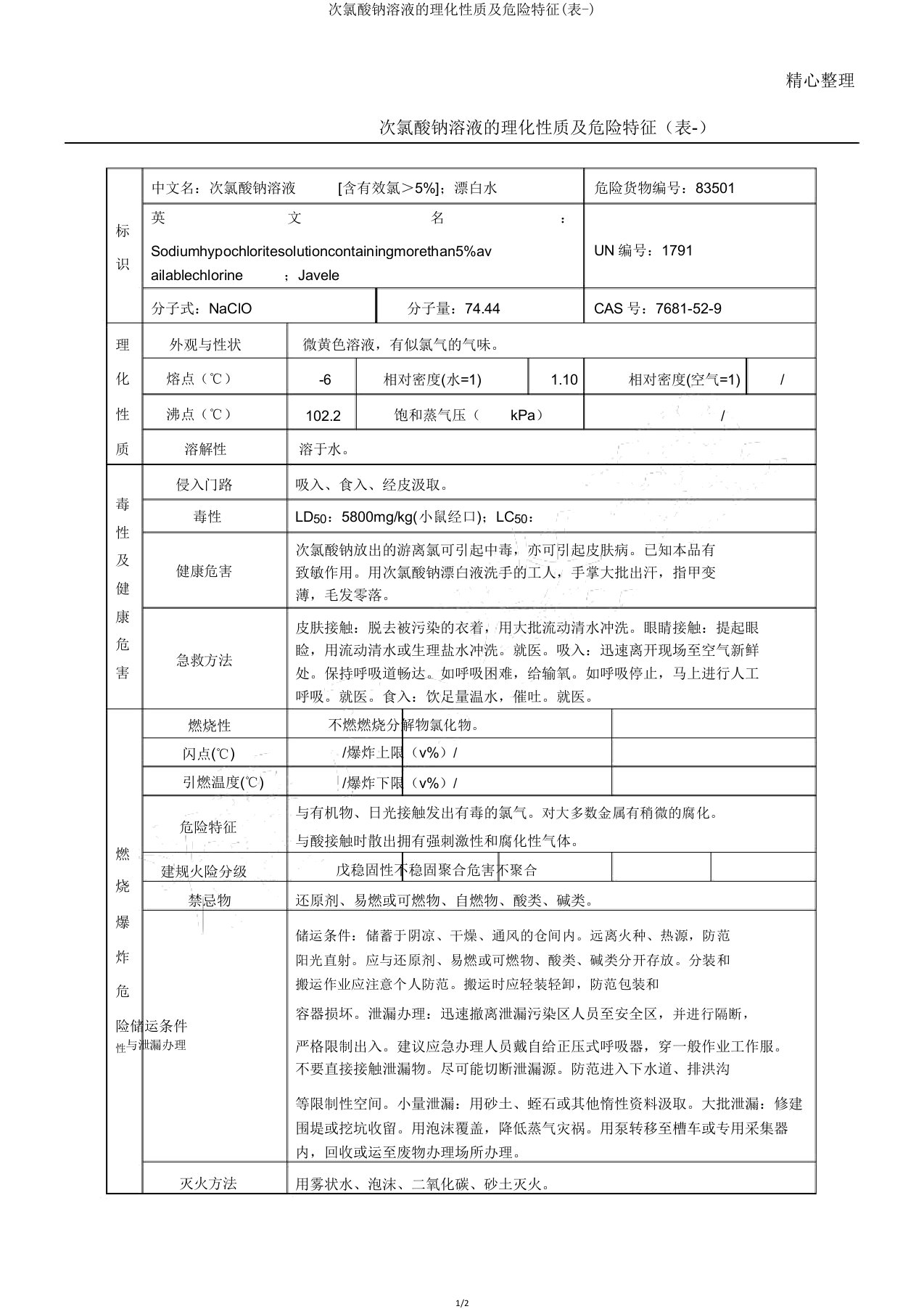 次氯酸钠溶液理化性质及危险特性2