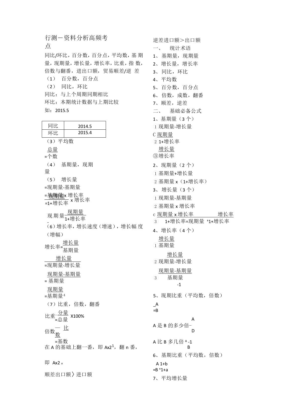 公务员行测资料分析高频考点