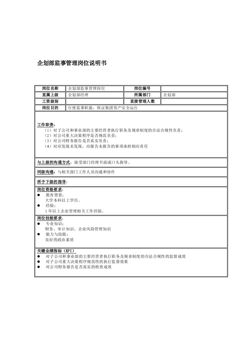 企划方案-企划部监事管理岗位说明书