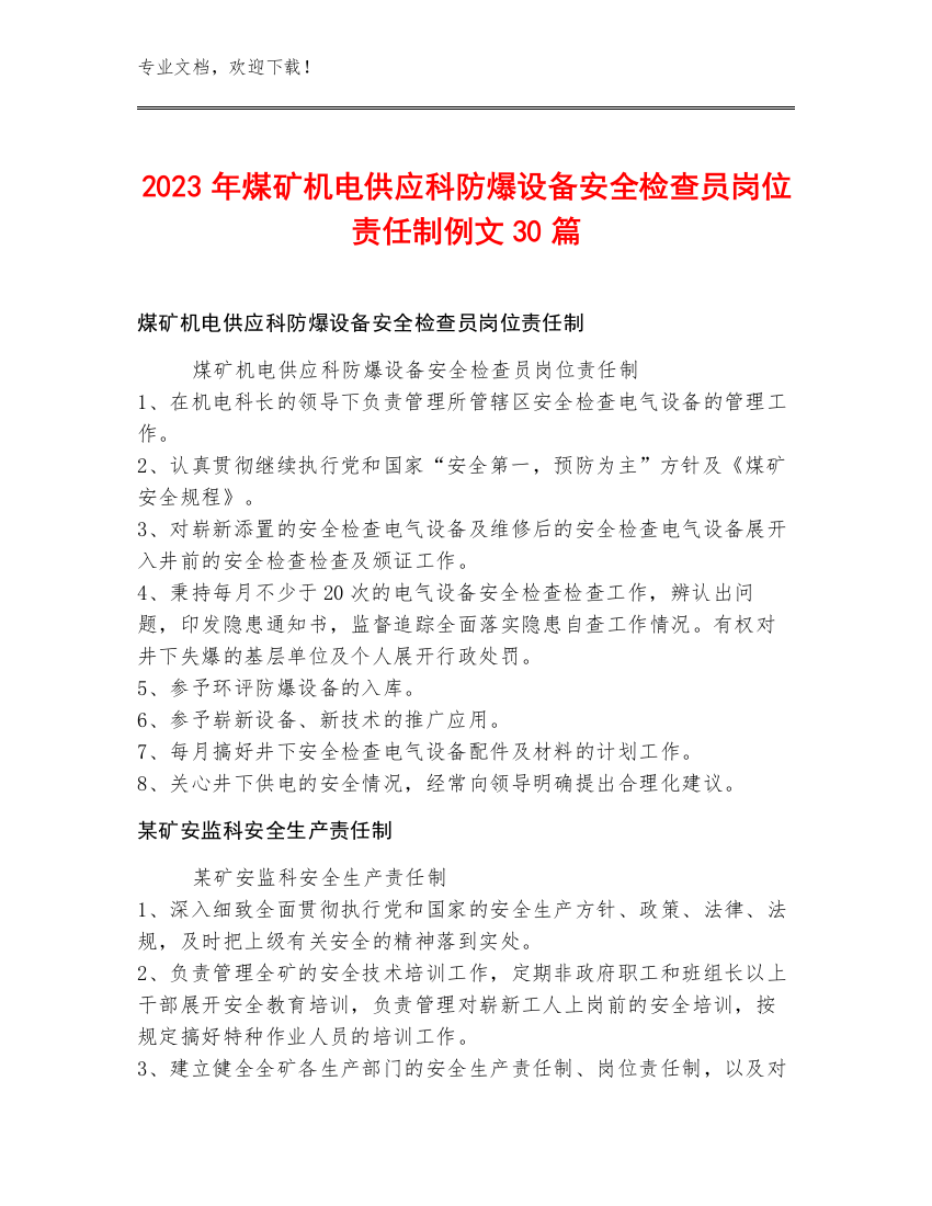 2023年煤矿机电供应科防爆设备安全检查员岗位责任制例文30篇