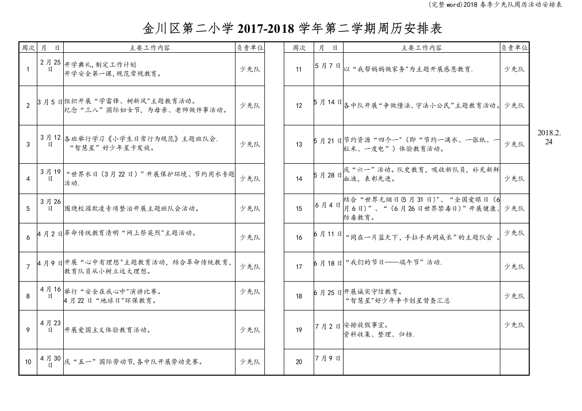 2018春季少先队周历活动安排表