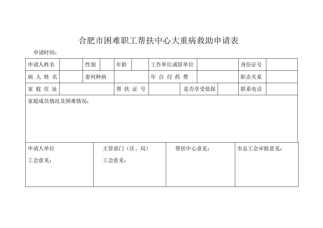 合肥市困难职工帮扶中心大重病救助申请表