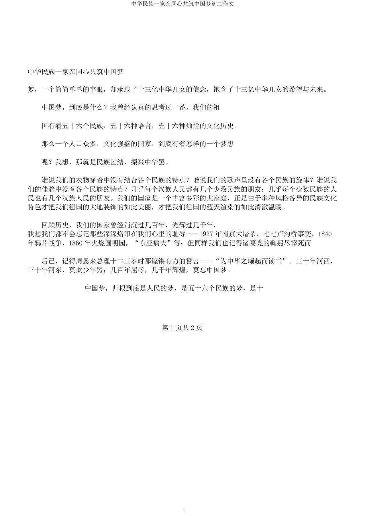 中华民族一家亲同心共筑中国梦初二作文