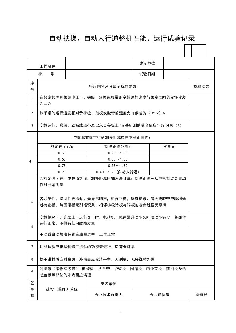 自动扶梯、自动人行道整机性能、运行试验记录