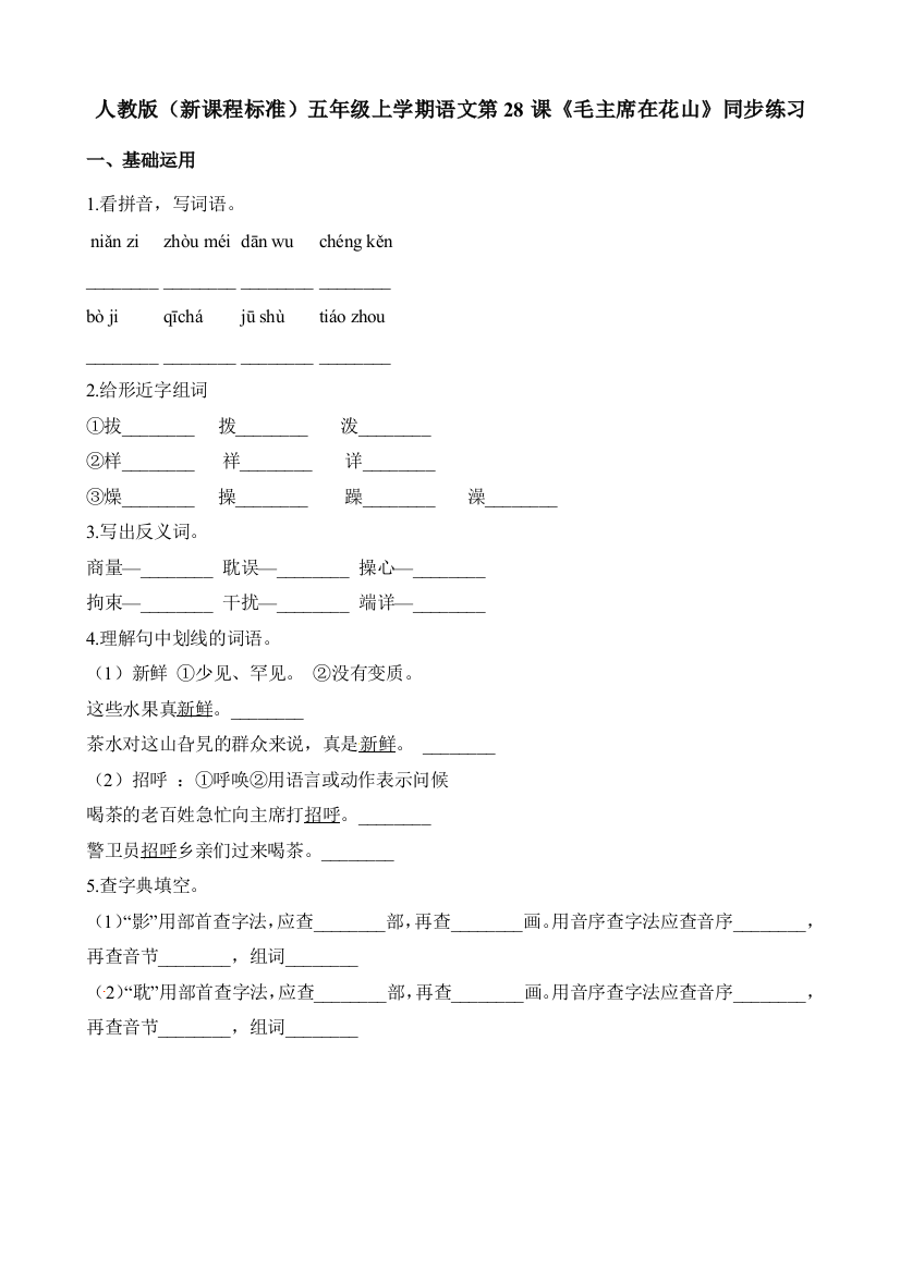 人教版（新课程标准）五年级上学期语文第28课《毛主席在花山》同步练习