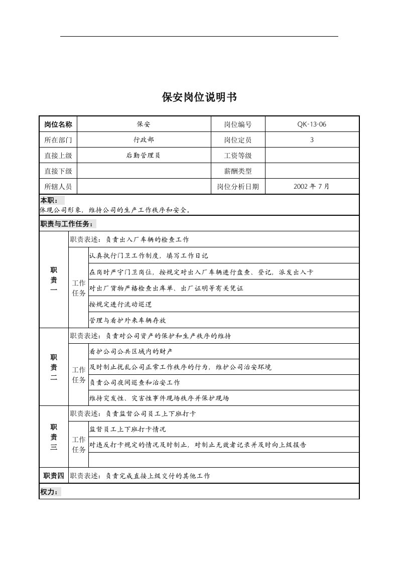 精选乾坤木业公司行政部保安岗位说明书