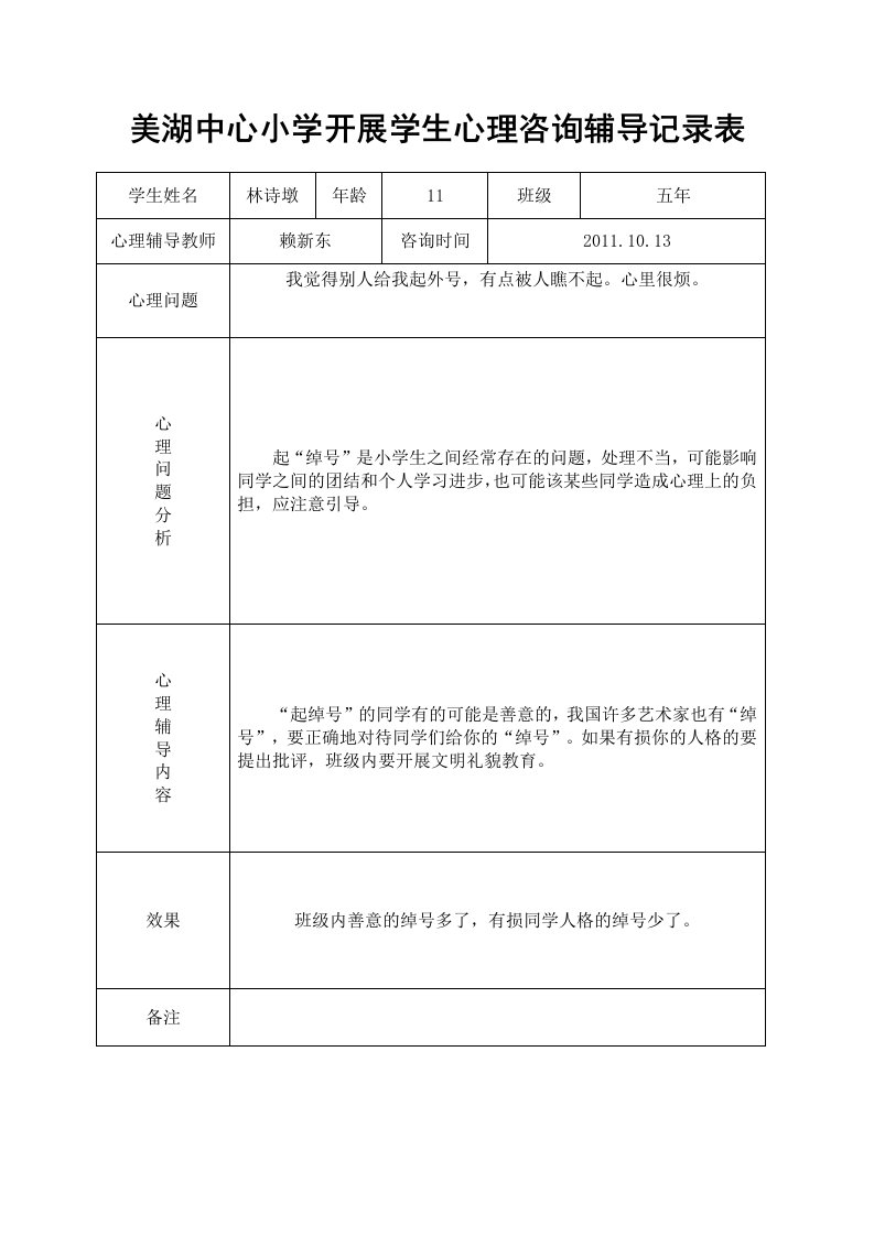 美湖中心小学开展学生心理咨询辅导记录表