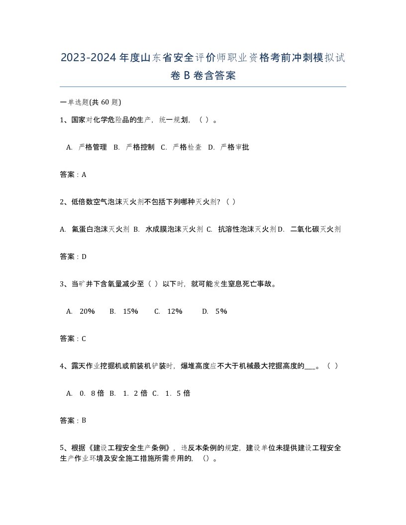 2023-2024年度山东省安全评价师职业资格考前冲刺模拟试卷B卷含答案