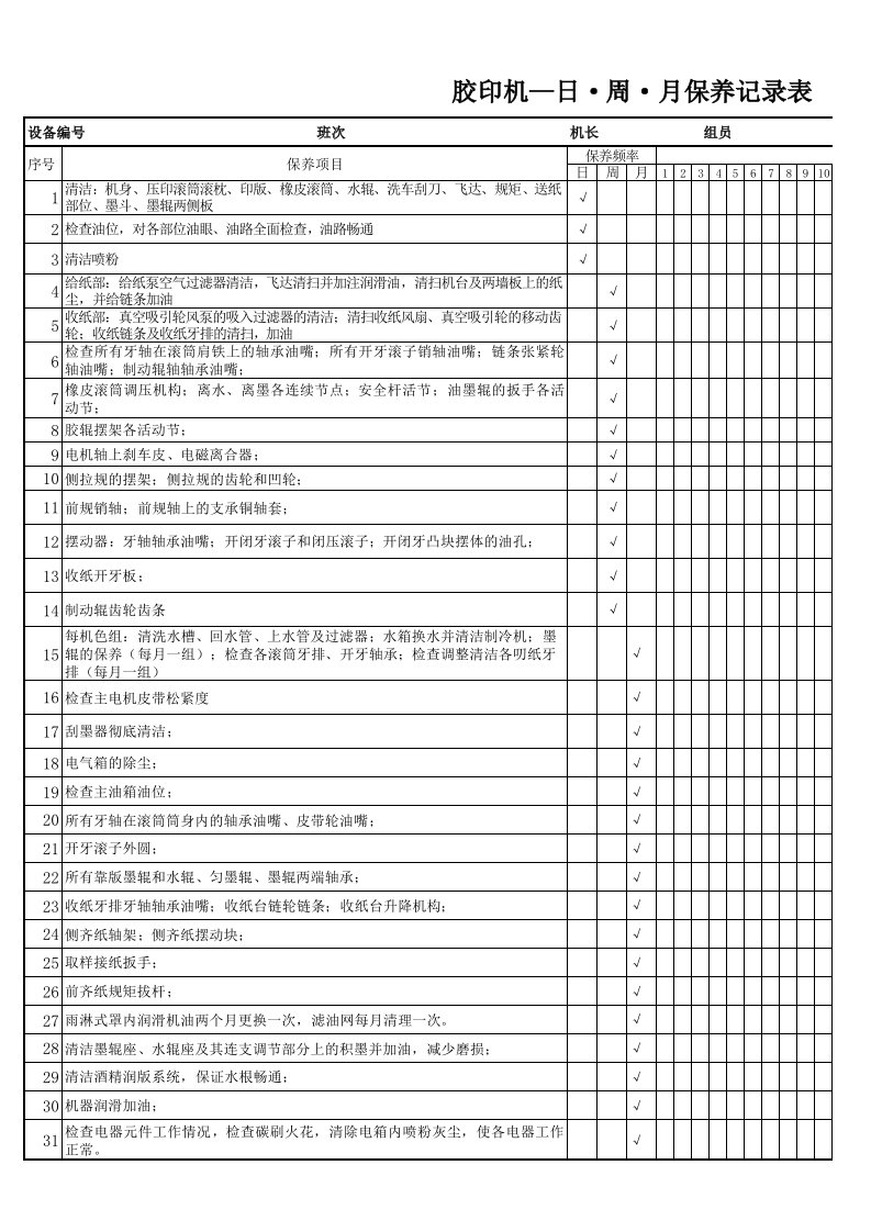 胶印机日周月点检记录表