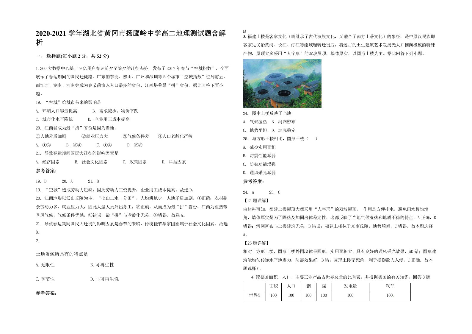 2020-2021学年湖北省黄冈市扬鹰岭中学高二地理测试题含解析