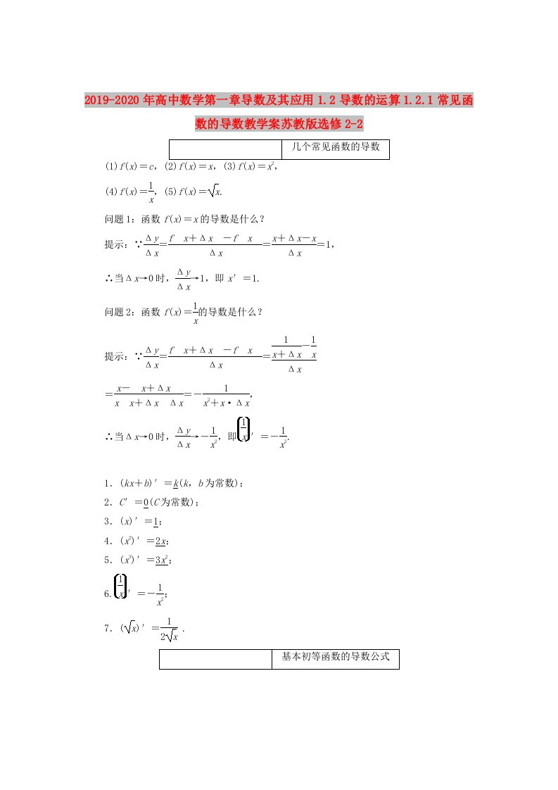 2019-2020年高中数学第一章导数及其应用1.2导数的运算1.2.1常见函数的导数教学案苏教版选修2-2