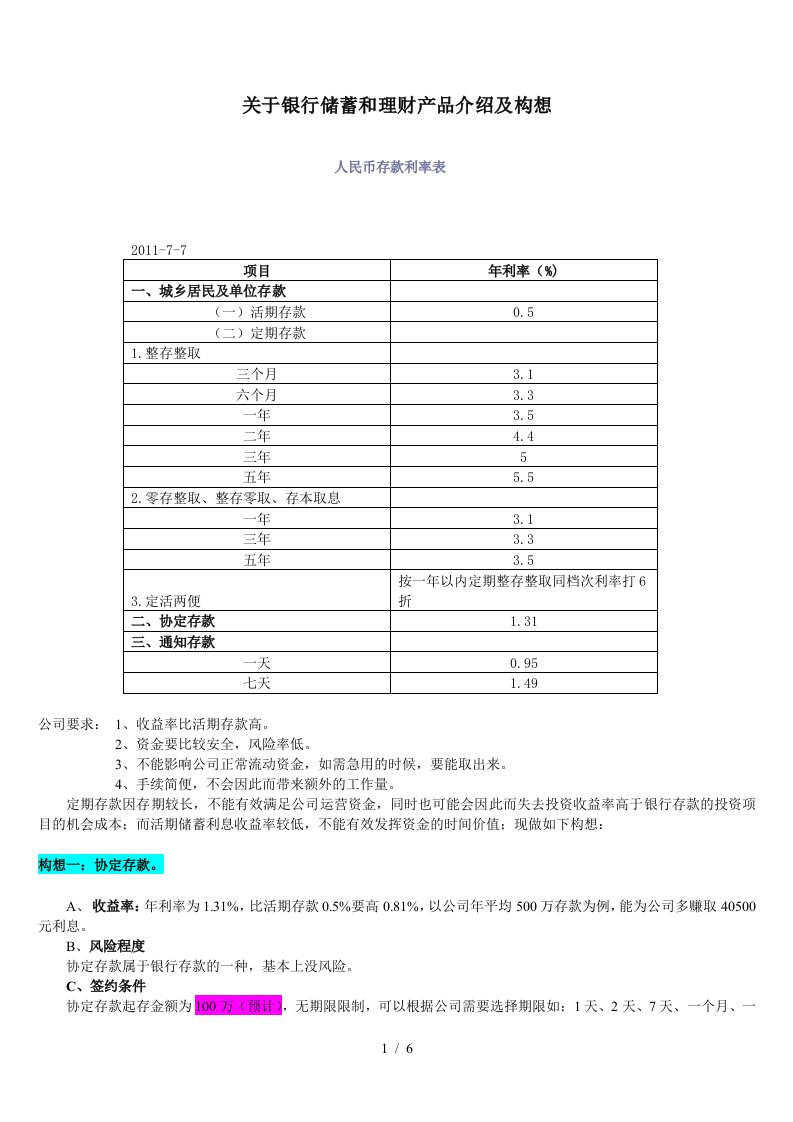 关于银行储蓄与理财产品的介绍及构想