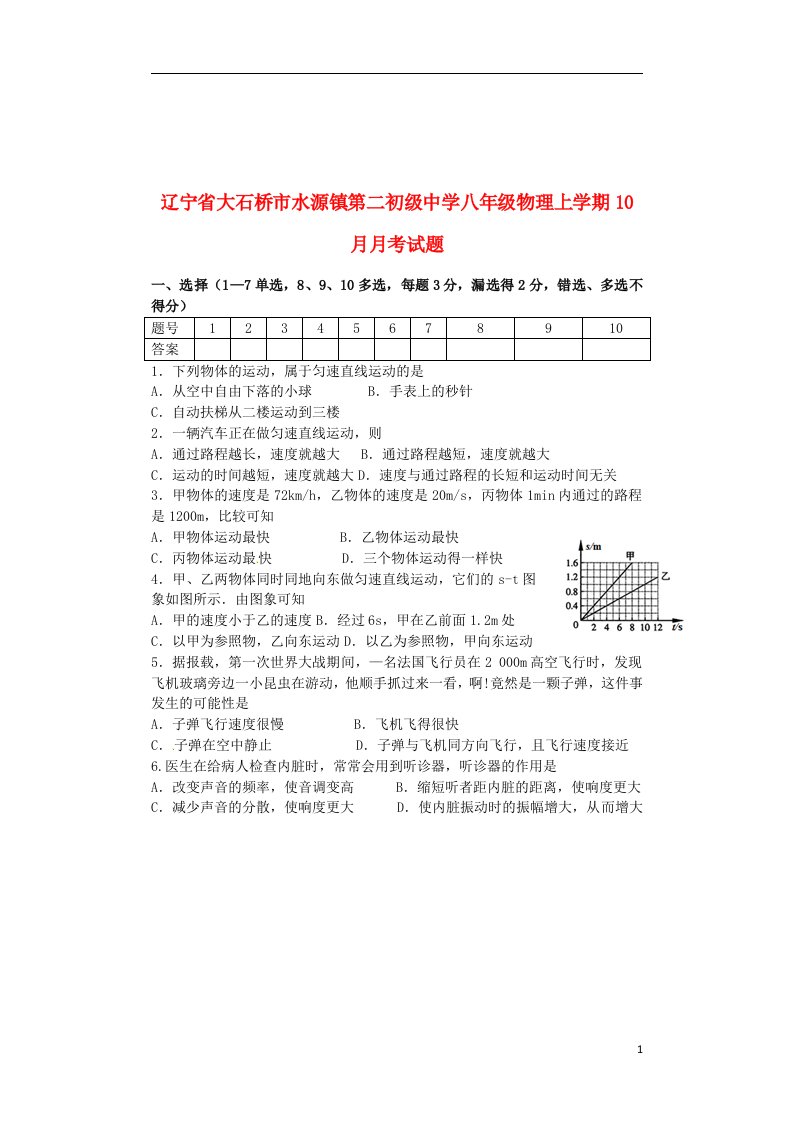 辽宁省大石桥市水源镇第二初级中学八级物理上学期10月月考试题