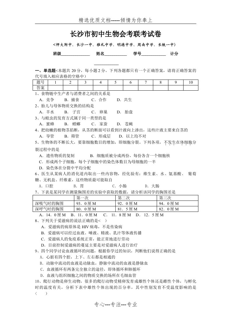 湖南省长沙市生物会考模拟试题(共6页)