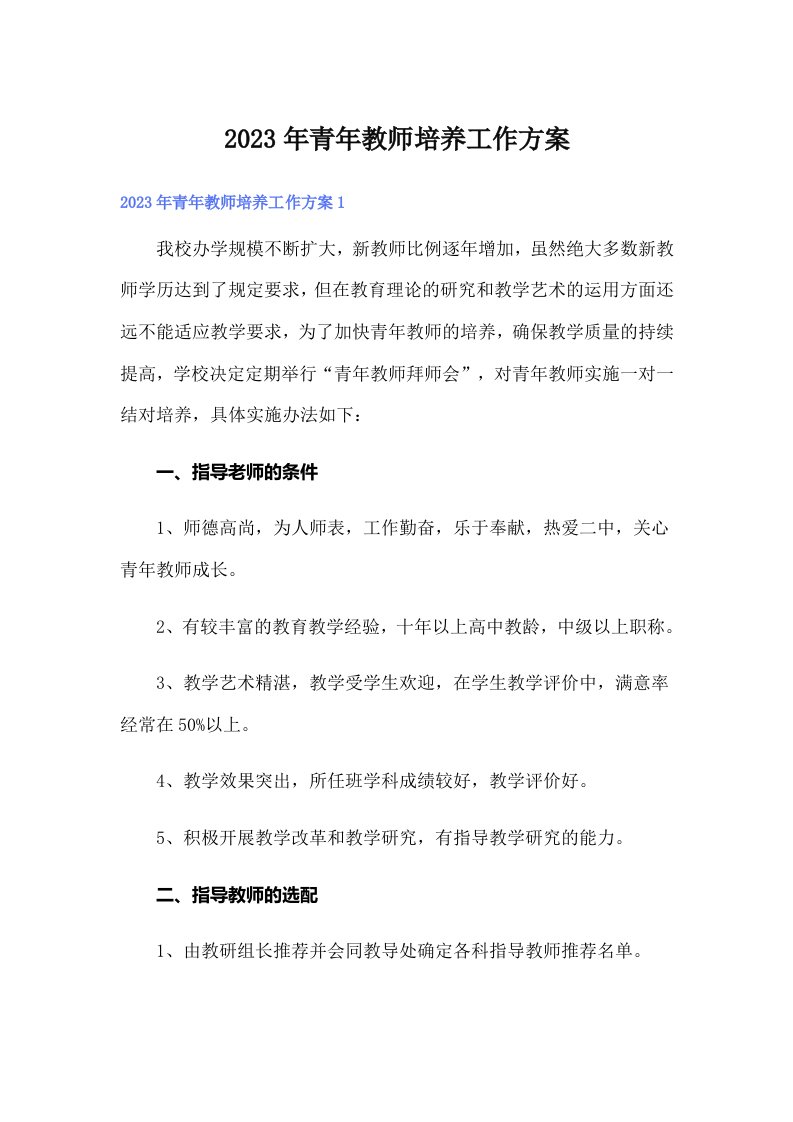 2023年青年教师培养工作方案